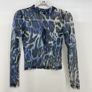 Fashion Nova Size M Sheer Mesh‎ Long Sleeve Fitted Top Animal Print Blue Black